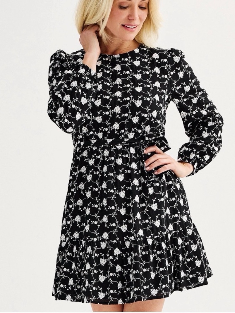Draper James Embroidered Short Dress Black and White Floral Long-Sleeve A-Line D